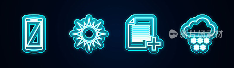 Set line Smartphone, mobile phone, Sun, Add new file and Cloud with snow. Glowing neon icon. Vector